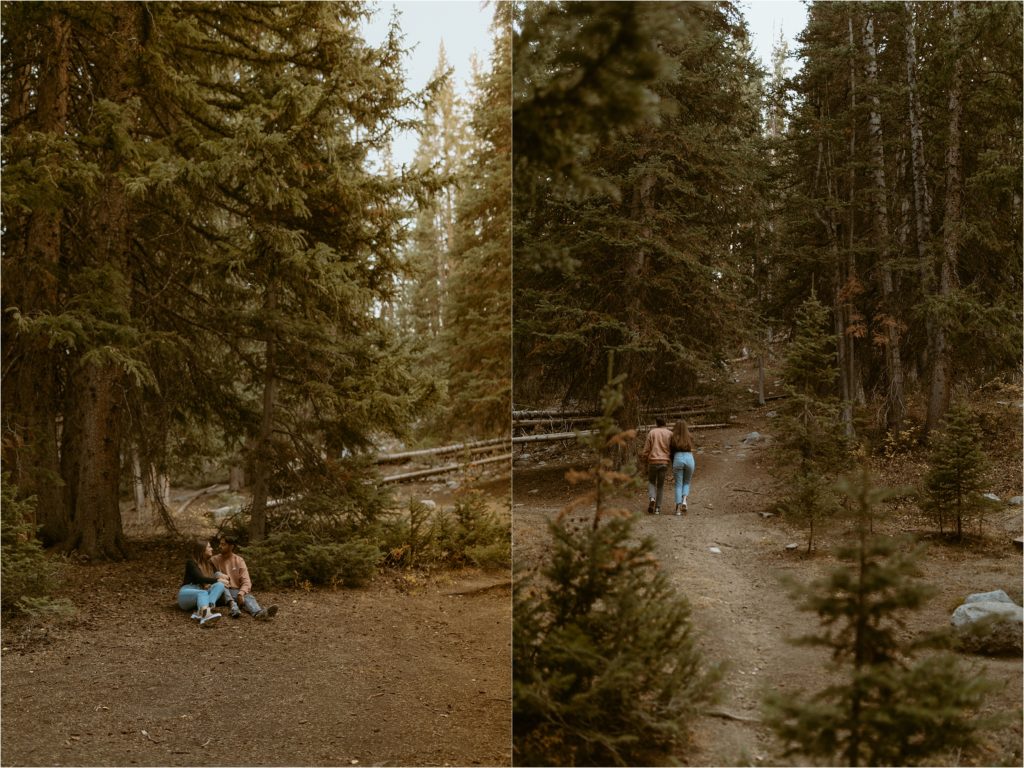 Couple walking in pine forest
