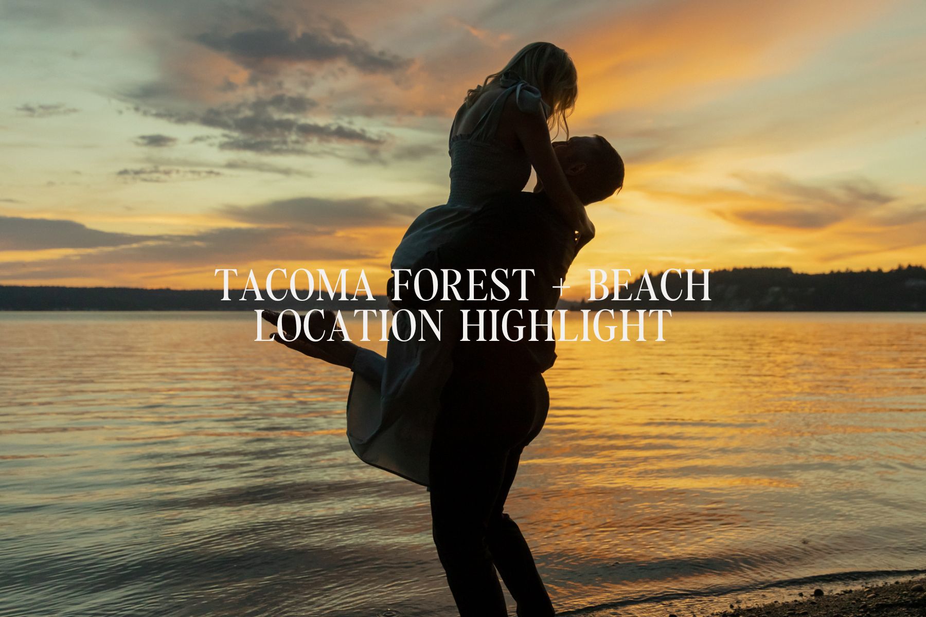 Couple silhouetted at sunset during a Tacoma beach photography session, standing at the water’s edge as golden light reflects across the shoreline.